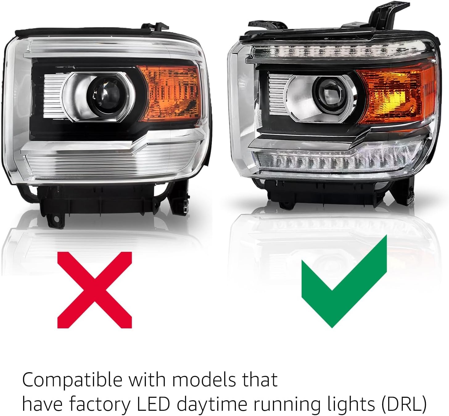 Headlight Assembly Compatible with GMC Sierra 1500 2014-2015, Sierra 2500 3500 HD 2015-2019 Halogen Headlamp With LED DRL, Bulbs Included, Left/Driver Side