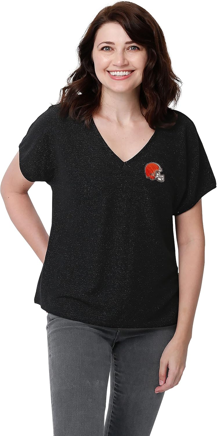 FOCO Women's NFL Team Logo Game Time Glitter V-Neck Fashion Shirt