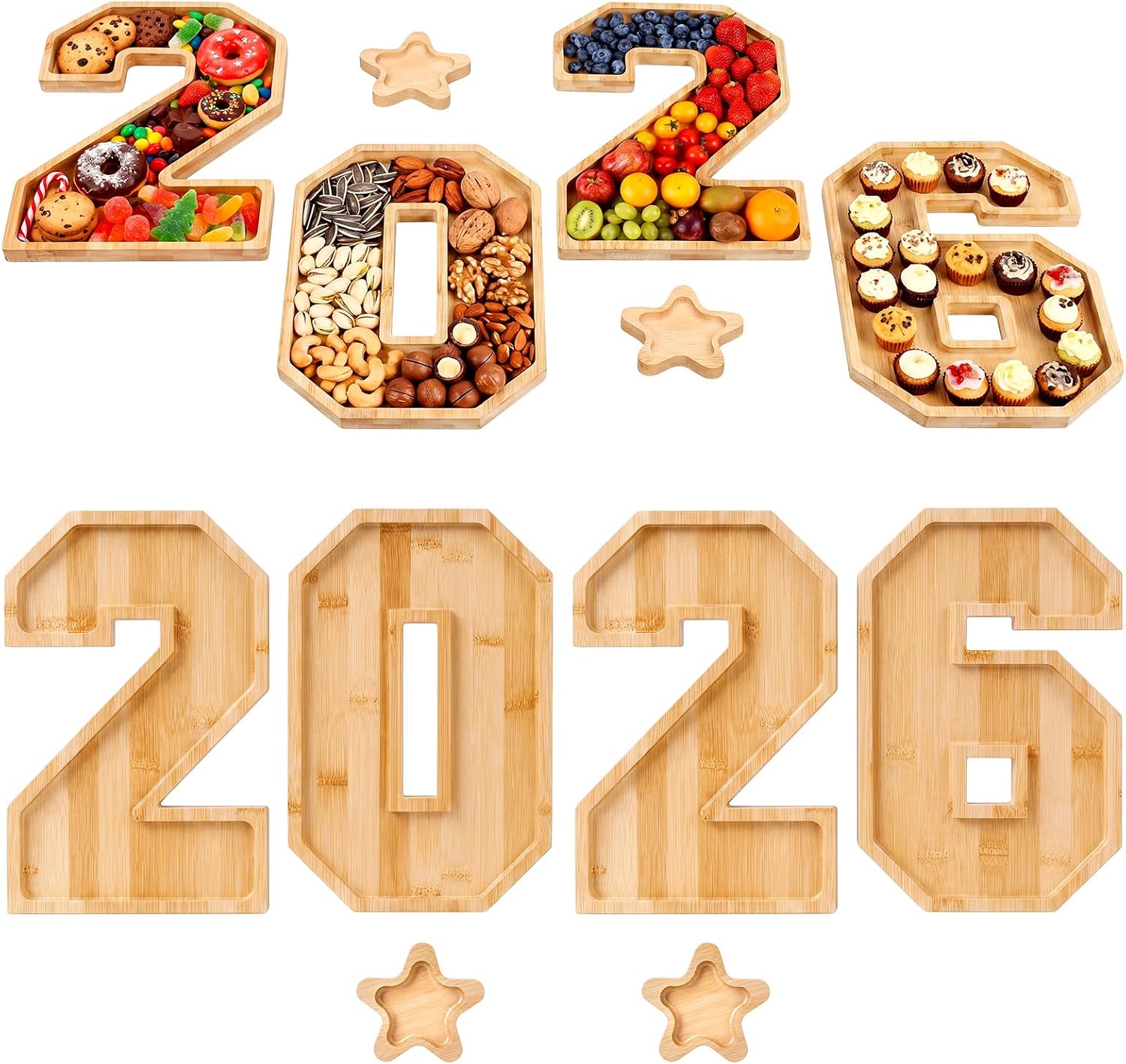 Rtteri 2026 Charcuterie Graduation Numbers Fillable Wooden Display Boxes with 2 Star Dip Bowls Class of 2026 Fillable Food Serving Trays Reusable Charcuterie Boards for Graduation Party Decorations