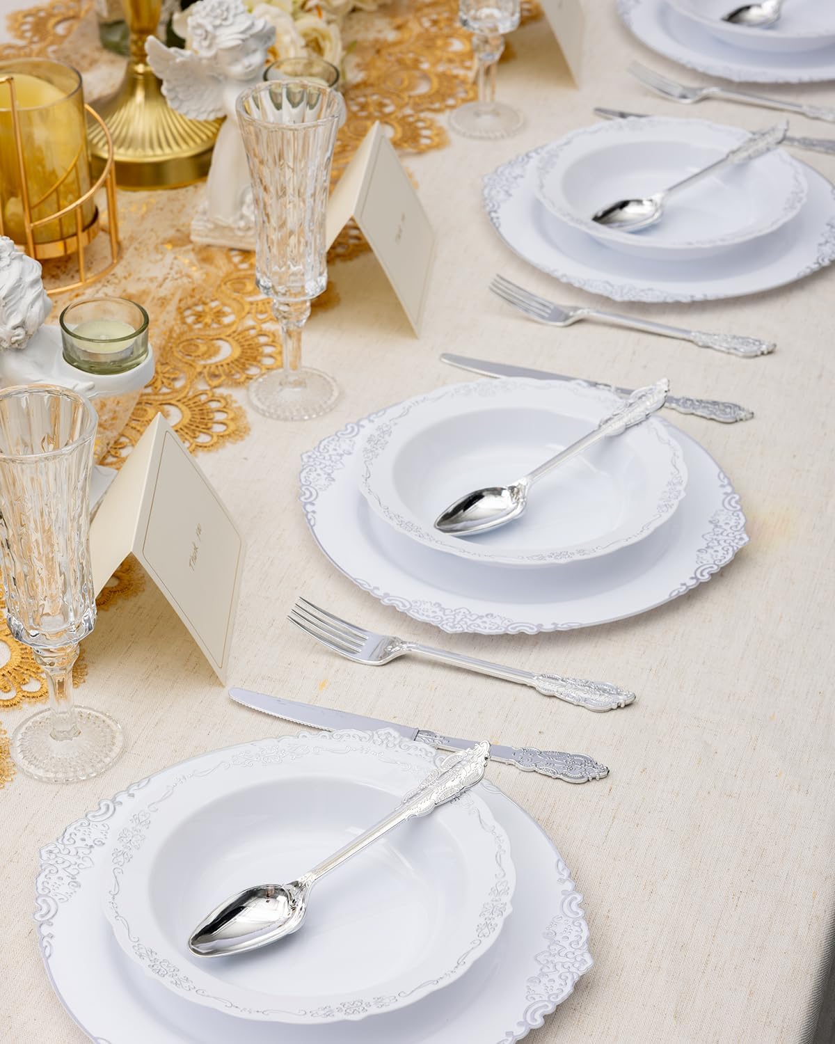 100 Pack White Plastic Bowls with Silver Rim, 12oz Plastic Salad Bowl, Disposable Bowls for Party, Dinners, Weddings, Christmas, Thanksgiving