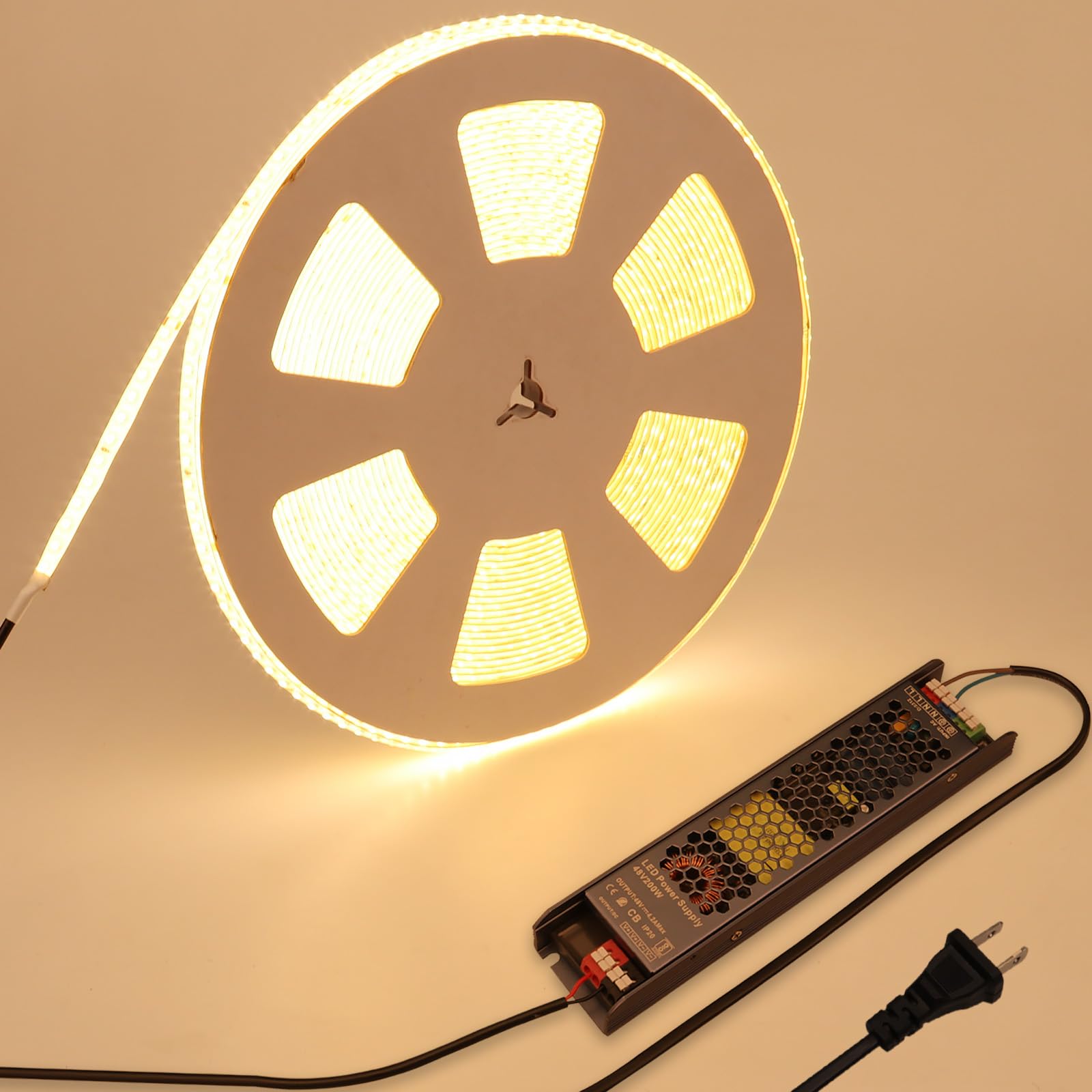 BENLUN 48V Outdoor LED Strip Lights Waterproof, 65.6ft 150W 3000K Warm White Dimmable LED Tape Light Cuttable with Power Supply for Bedroom Ceiling