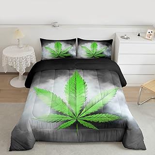Erosebridal Cannabis Leaves Comforter Set Queen Size,Marijuana Weed Leaf Bedding Set, Marijuana Herb Botanical Duvet Set for Kid Teens Boys Teens, Grey Grunge Style Quilted Duvet, Green, Trendy