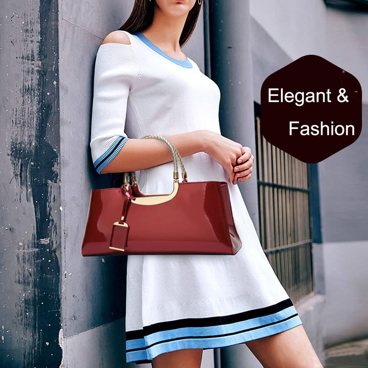 XingChen Glossy Women Handbag Faux Patent Leather Top-Handle Bag Structured Shoulder Bag Tote Evening Purse Party Satchel - Image 2