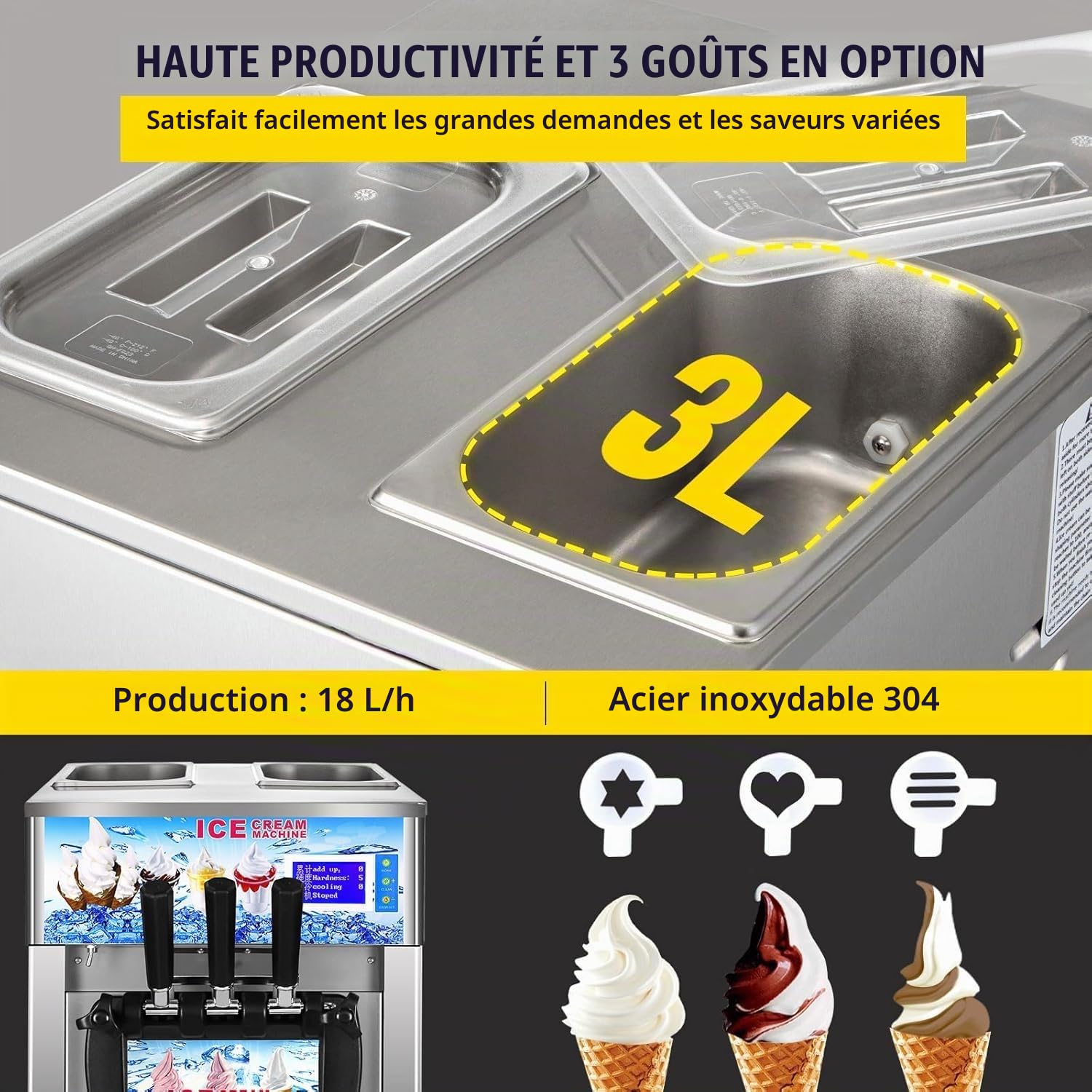 Machine à Crème Glacée Commerciale 18 L/h 1200 W 3 Saveurs, Machine à Glace Italienne Trémie 2x3 L, Crème Glacée Molle Commerciale, pour Yaourt Café Snack-Bar Restaurant Supermarché