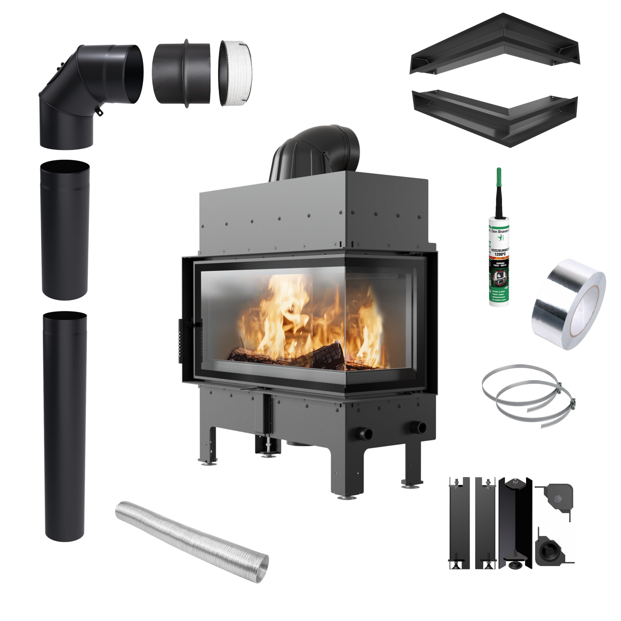 KRATKI Inserto per camino in acciaio a legna FLOKI 12 kW Ø200 destro A+ | Acciaio nero, efficienza 85,4%, classe A+. Ecodesign, BImSchV 2; per recupero calore.; kit di montaggio; basse emissioni