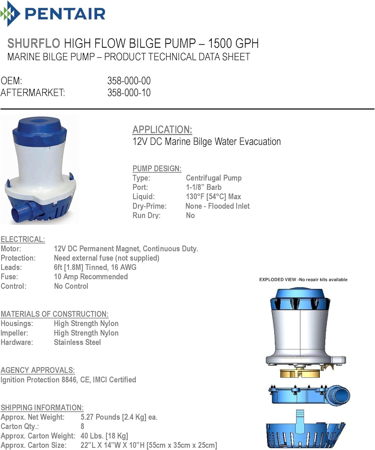 PENTAIR SHURFLO 358-000-10 Bilge Pump, 1500 GPH, Submersible Marine Pump, Nylon Housing, Water-Cooled Motor, Ignition Protected, Swivel Base, 12VDC, 8 AMPS Max, ISO & CE Certified
