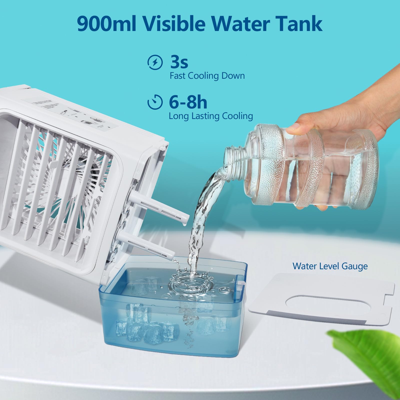 Aire acondicionado portátil, enfriador de aire evaporativo 3 en 1, 3 velocidades, 2 salidas de pulverización, 900 tanques visibles, 7 colores de luz, 2 temporizadores, mini ventilador de enfriamiento 4