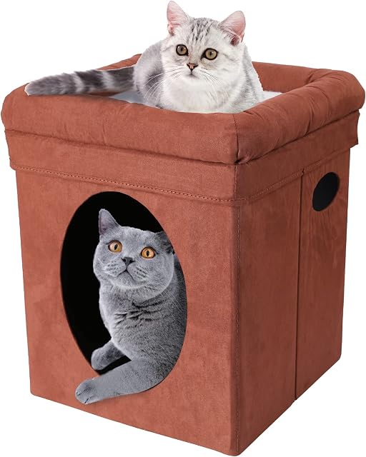 PowerKing Collapsible Cat House for Winter, Foldable Fabric Cat Cube Kitten Cave with Top bed and around Anti Scratching Pet House Cat Stool Condo (Brown)