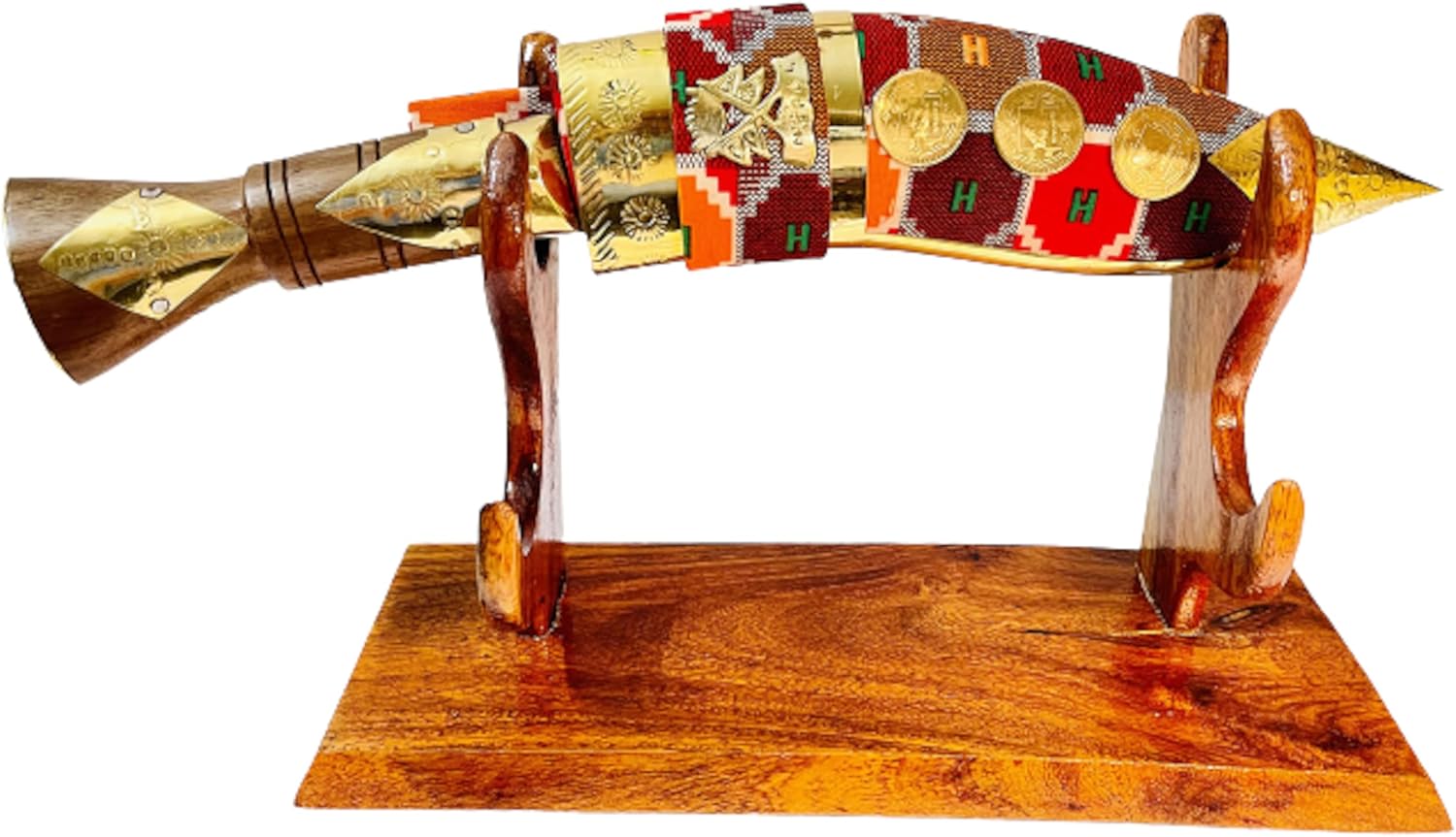 Gurkha Kukri for Decoration With Hand Woven Dhaka Sheath & Wooden Stand Décor Gift & Home Decoration - Handmade In Nepal
