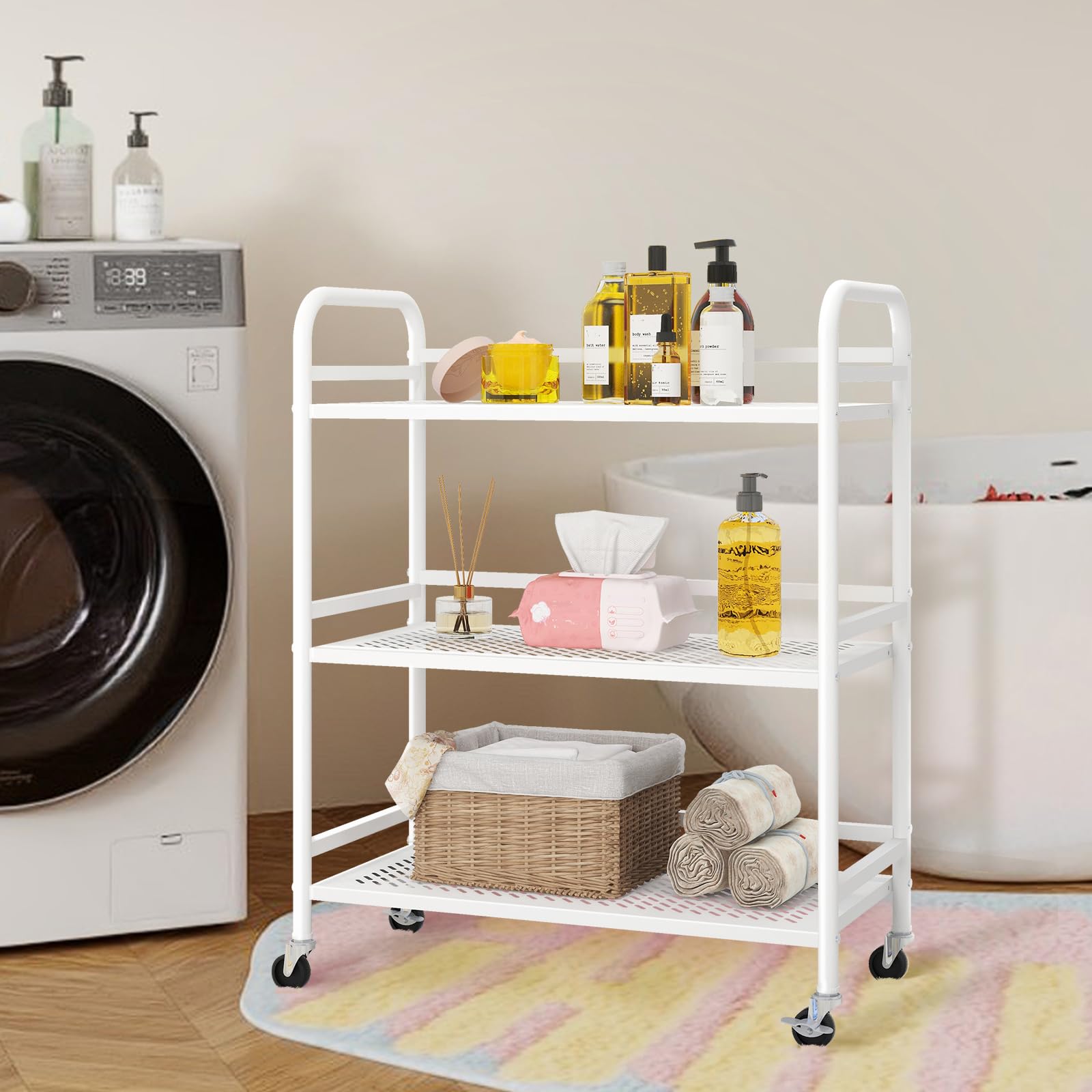 HDANI Carrito Cocina,Carro Auxiliar de Metálicos de 3 Niveles Cocina o Multiuso con Ruedas,para el hogar (Blanco, 60×30×75cm Malla)