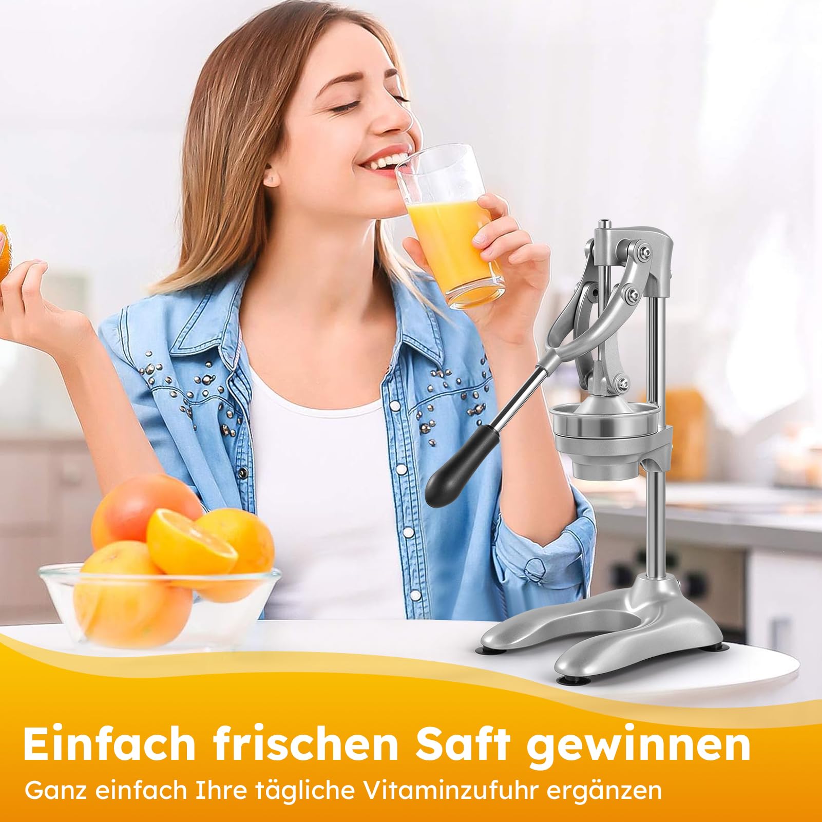 professionelle Zitruspresse – manueller Entsafter aus Metall – manuelle Zitronenpresse und Orangenpresse – robuster und strapazierfähiger Standentsafter, Silbergrau