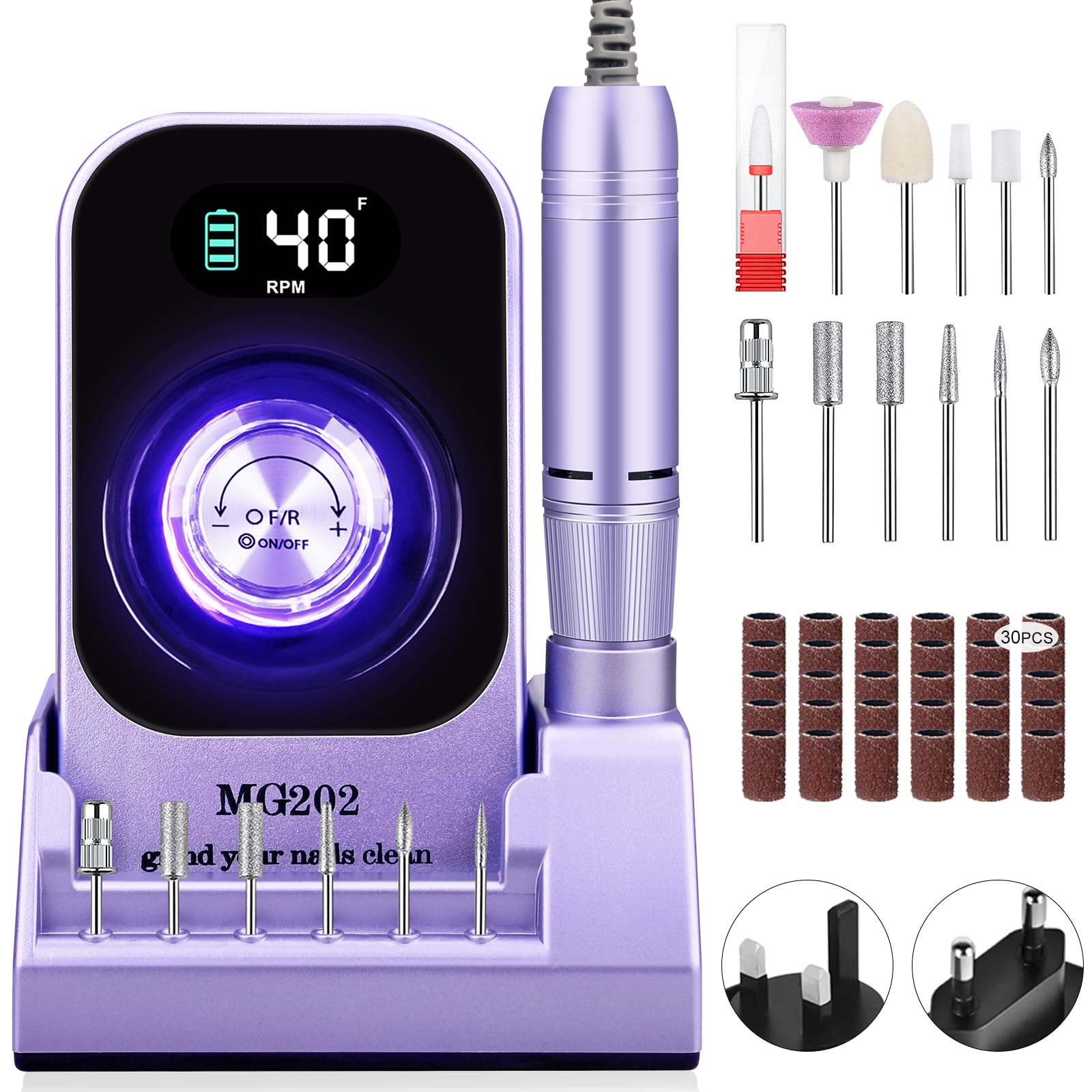 Taladro de uñas profesional 40000 RPM, Urbuti 12 en 1 Lima de uñas eléctrica 4000 mAh con pantalla LCD, velocidad ajustable, silencioso, taladro de manicura portátil para salón/hogar (púrpura)