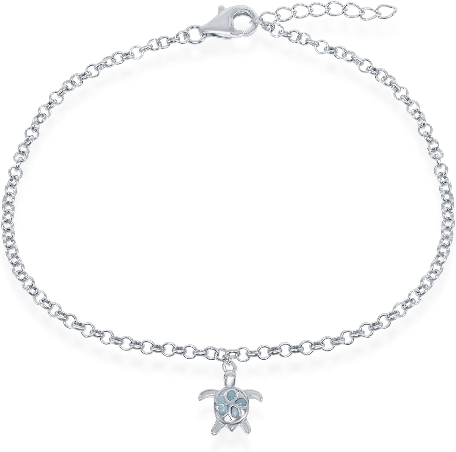 Sterling Silver Italian Nautical Larimar hanging charm Turtle/Dolphin/Crab 9"+1" Adjustable Anklet Bracelet