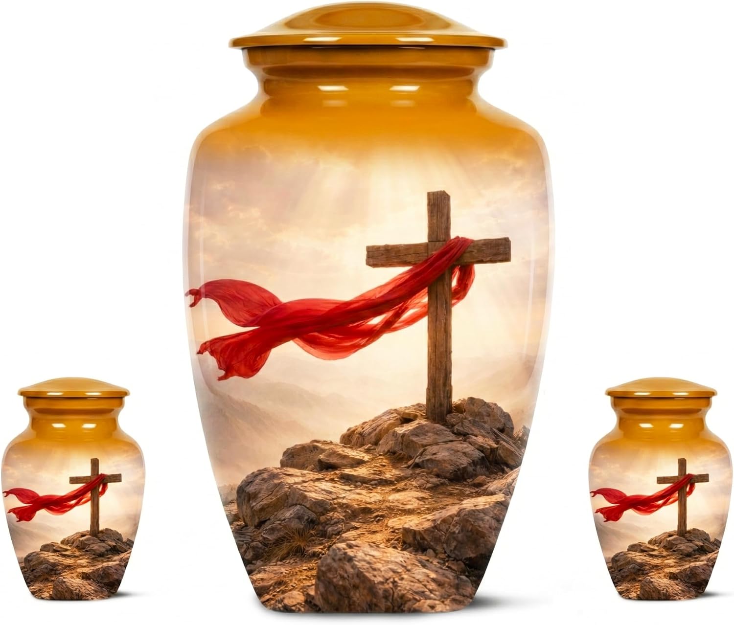 Christian Cross Cremation Urn for Human Ashes, Memorial Funeral Urn for Adult with 2 Keepsake - Set of 3