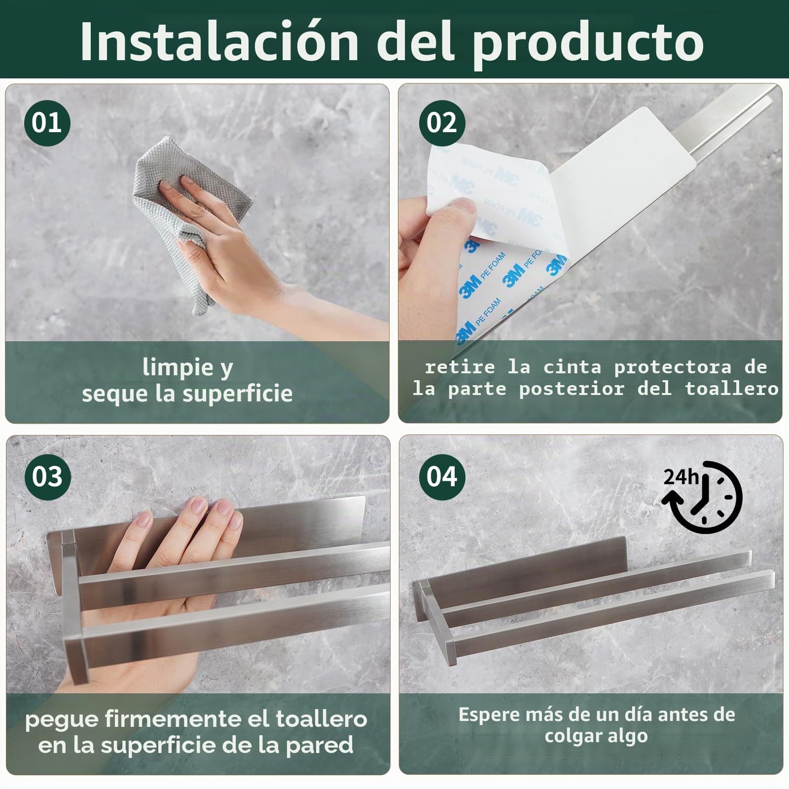 Vista Toallero Adhesivo Baño de Acero Inoxidable SUS304 Toallero Pared Resistente y Duradero 40cm Plata