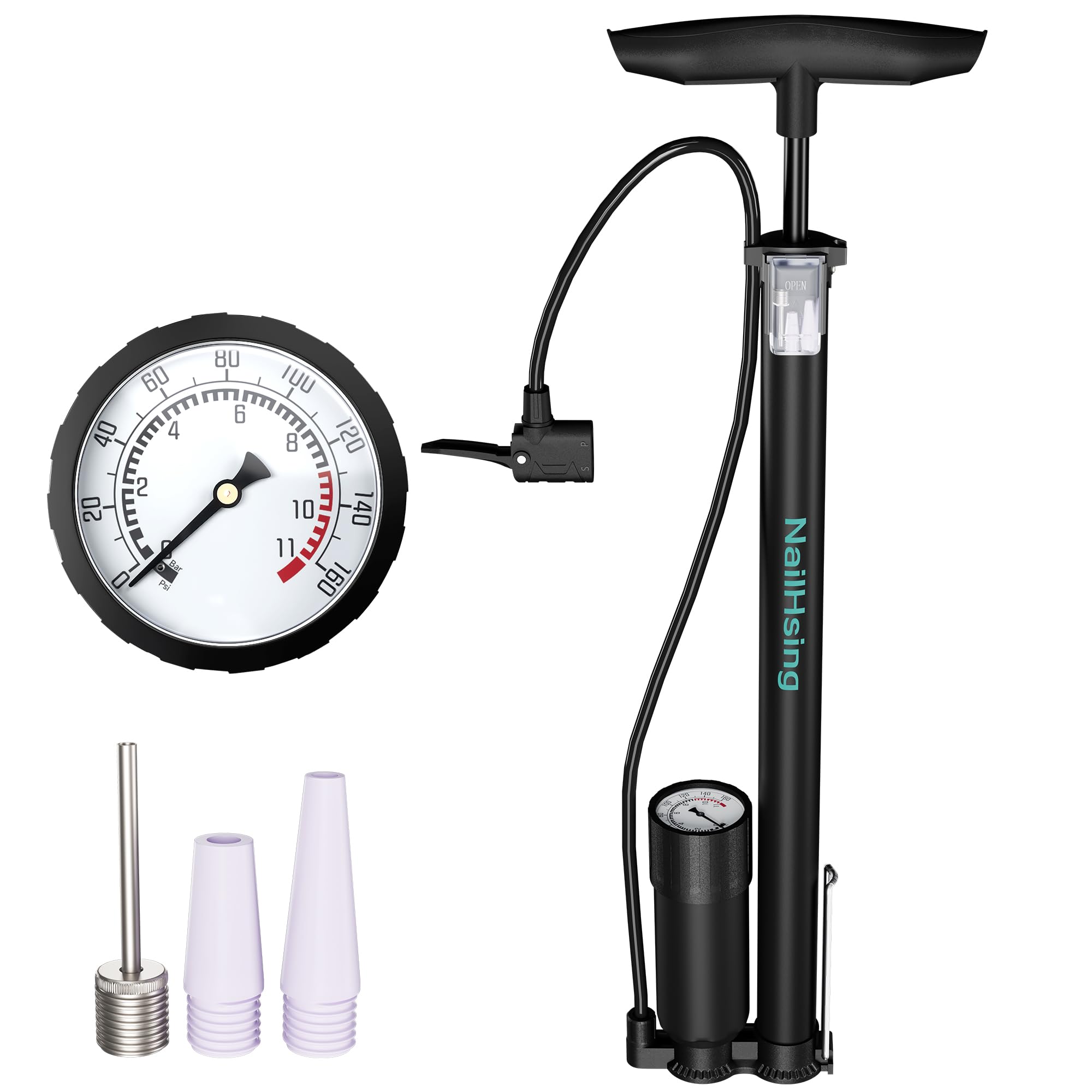 Bike Floor Pump with Gauge, Presta Schrader Valves for Road Bikes Balls Large