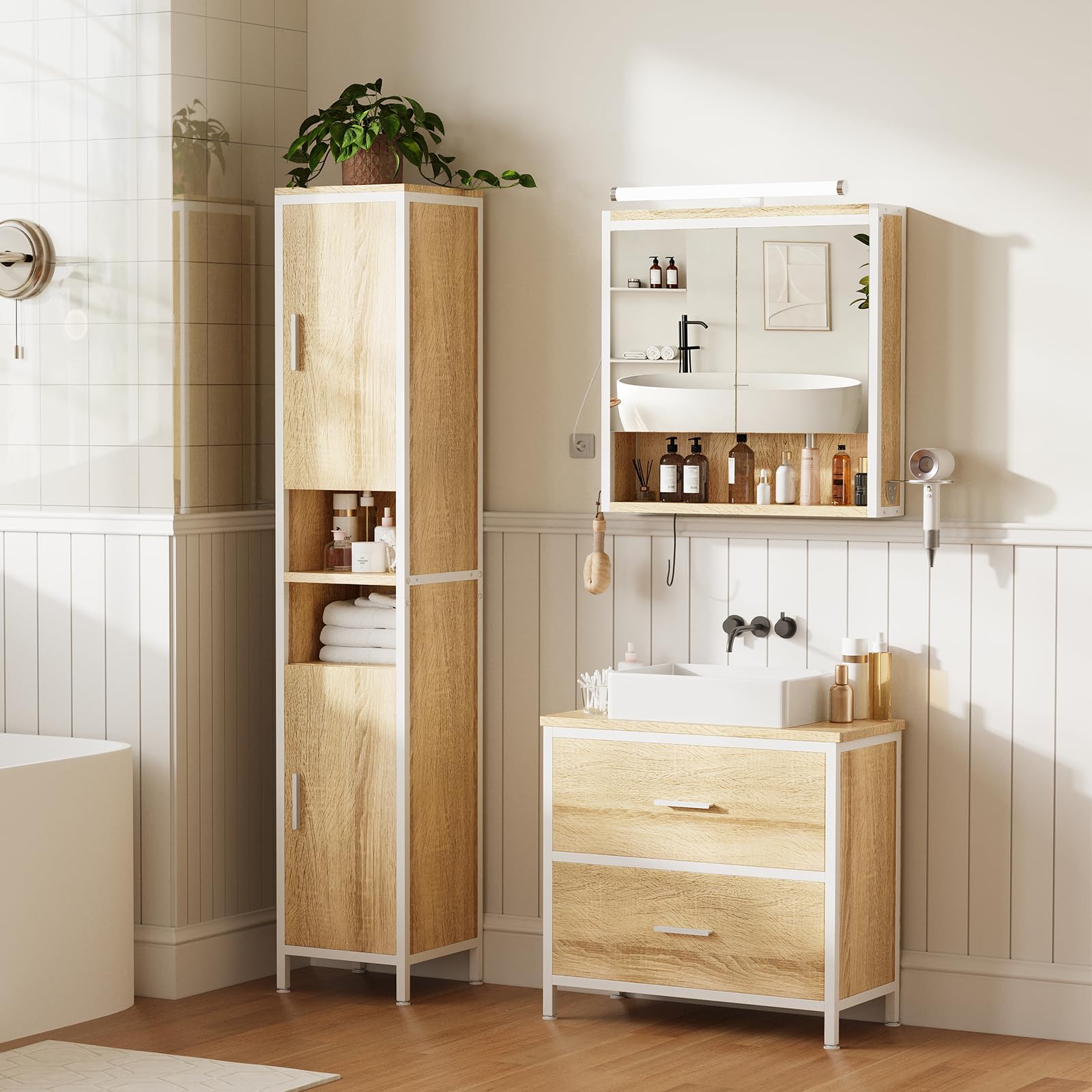 ELUCHANG Badmöbel Set 3,Waschbeckenunterschrank und Spiegelschrank Bad mit Beleuchtung und Hochschrank,Badezimmer Set 60cm,mit Schubladen,Verstellbare Ablage Badezimmermöbel Komplett,Oak+Weiß