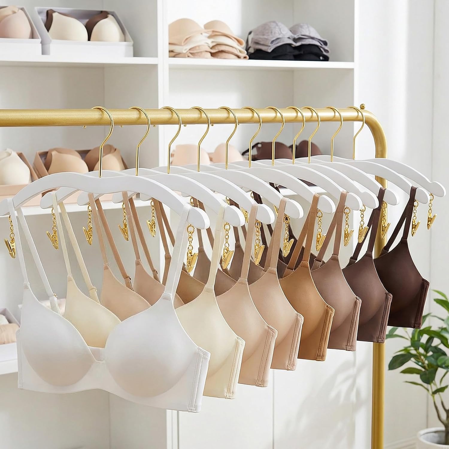 12 Pack Lingerie Hangers with Gold Metal Clips, Bikini Hangers Plastic Material Hanger for Bras, Tank Tops, Bralettes, Panties, Skirts & Delicate Clothing