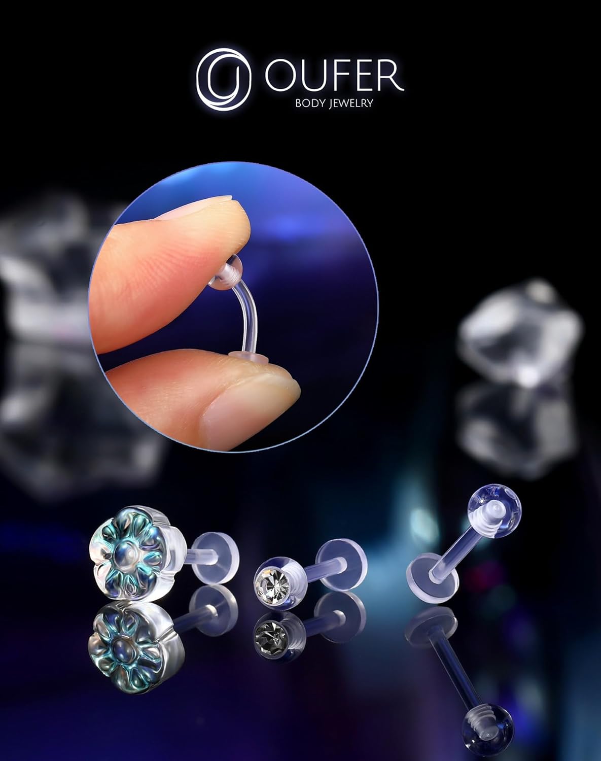 OUFER 3PCS Plastic Helix Piercing Jewelry, Clear Lip Piercing Retainers for Surgery, Cute Paw/Bow/Flower Lip Rings for Women, 16G Flat Back Cartilage Tragus Lobe Earrings for Women and Men- 8MM - Image 4