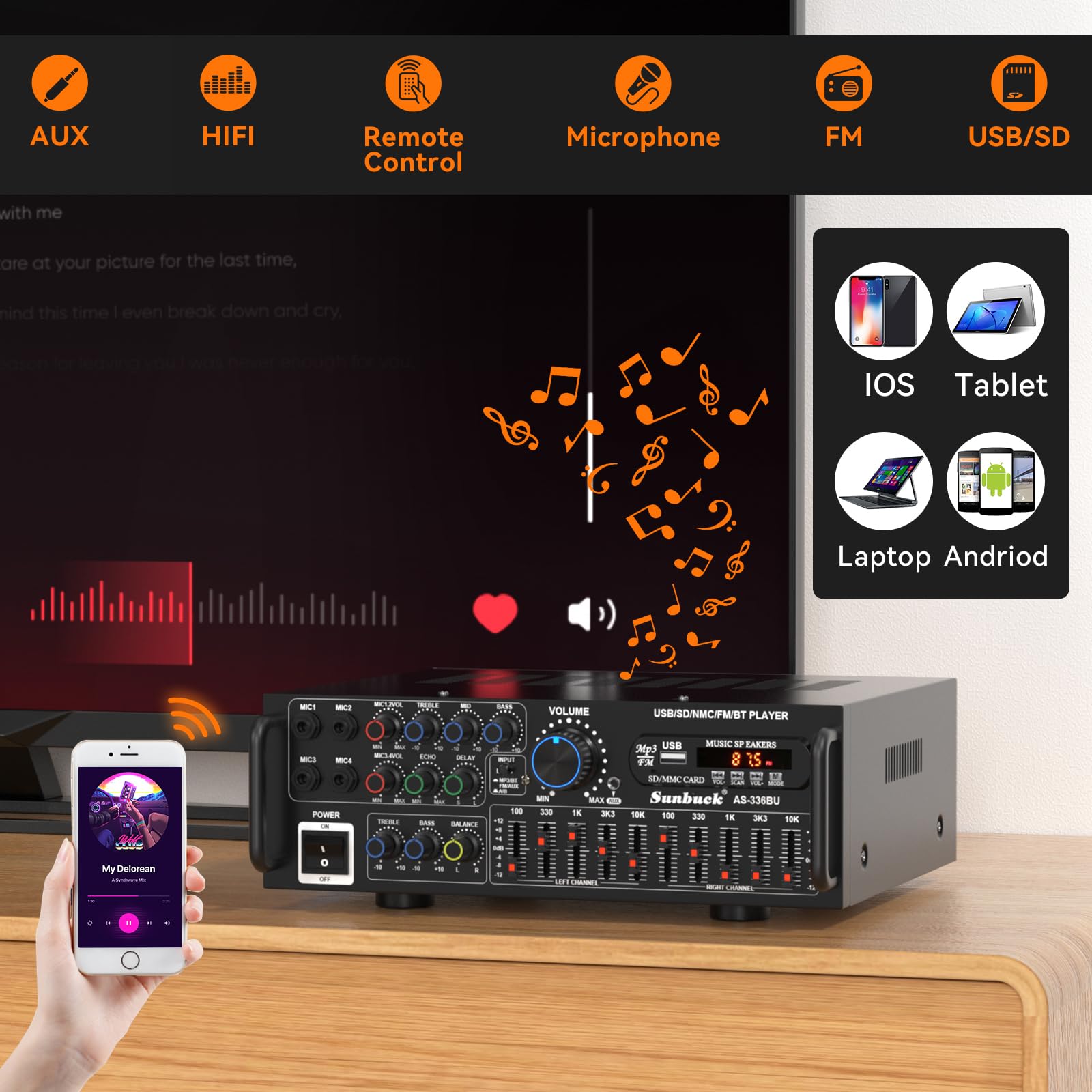Amplificador Hifi estéreo con Bluetooth 5.0, 2000 W, receptor de audio, karaoke FM USB SD AUX, preamplificador Hifi 5 bandas, mezclador ecualizador de 5 bandas, 4 entradas de micrófono,