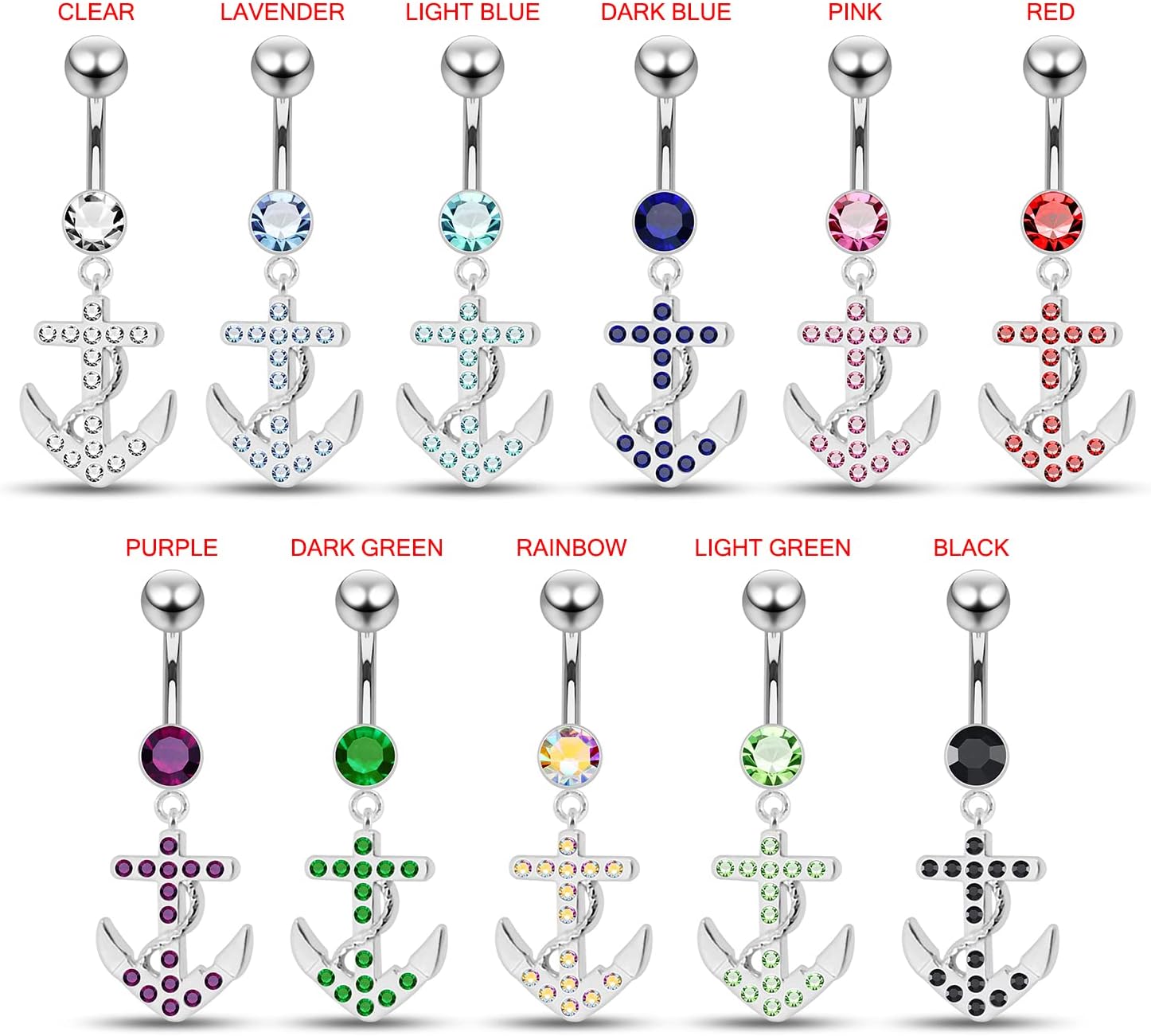 Multi Crystal Gemstone Fancy Anchor Dangling Design 925 Sterling Silver with Stainless Steel Belly Ring - Belly Button jewelry - Navel jewelry