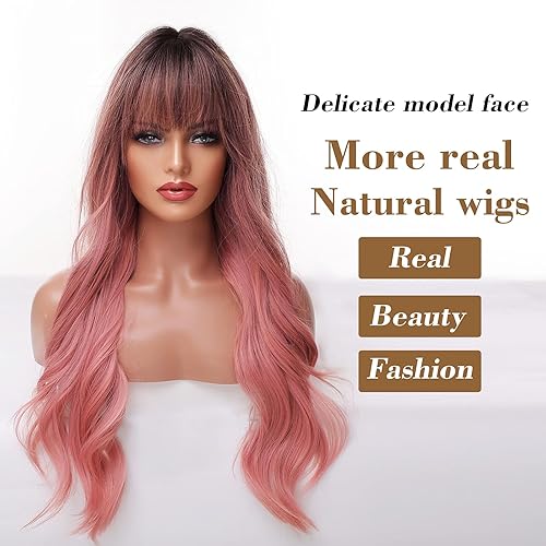 Miniatura 2 de EMMOR Peluca larga color rosa degradado para mujer, pelucas sintéticas de cabello rizado natural con raíz oscura y explosión, uso diario para