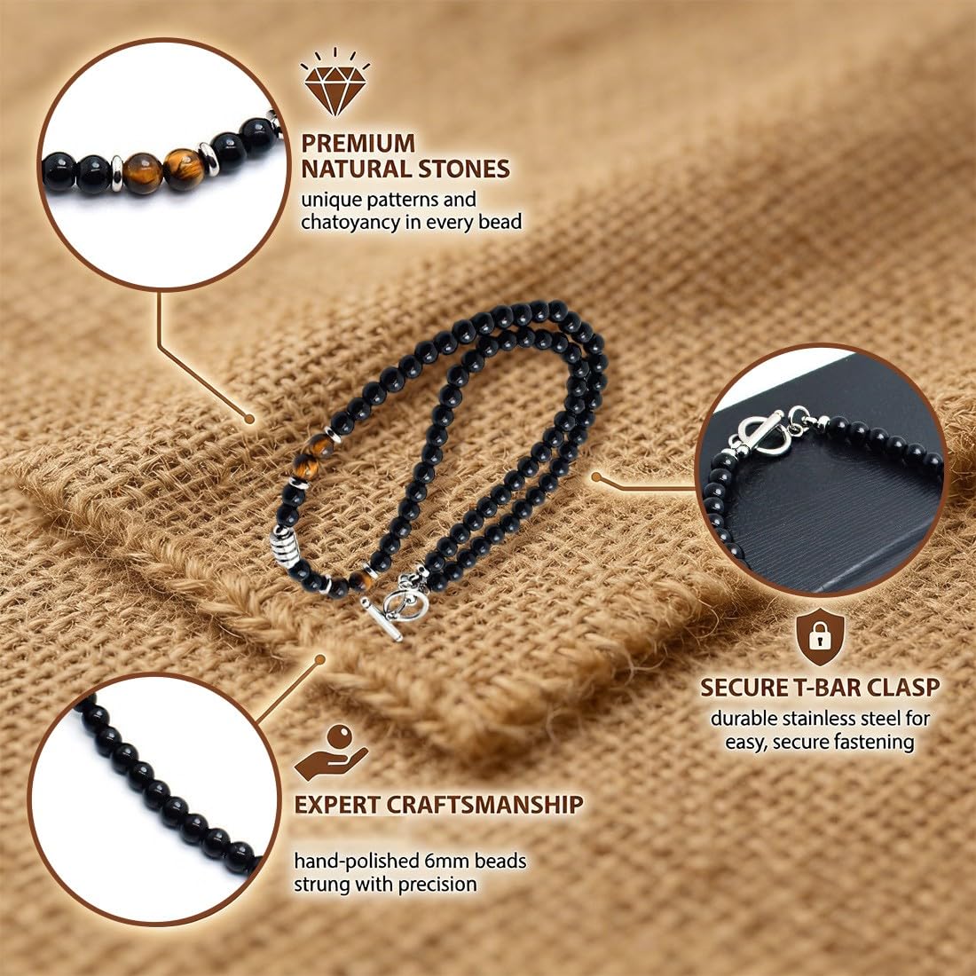 Set di 2 Collana uomo Collana con perle di ossidiana da uomo con Occhio di Tigre e Diaspro Collana da uomo in pietre naturali