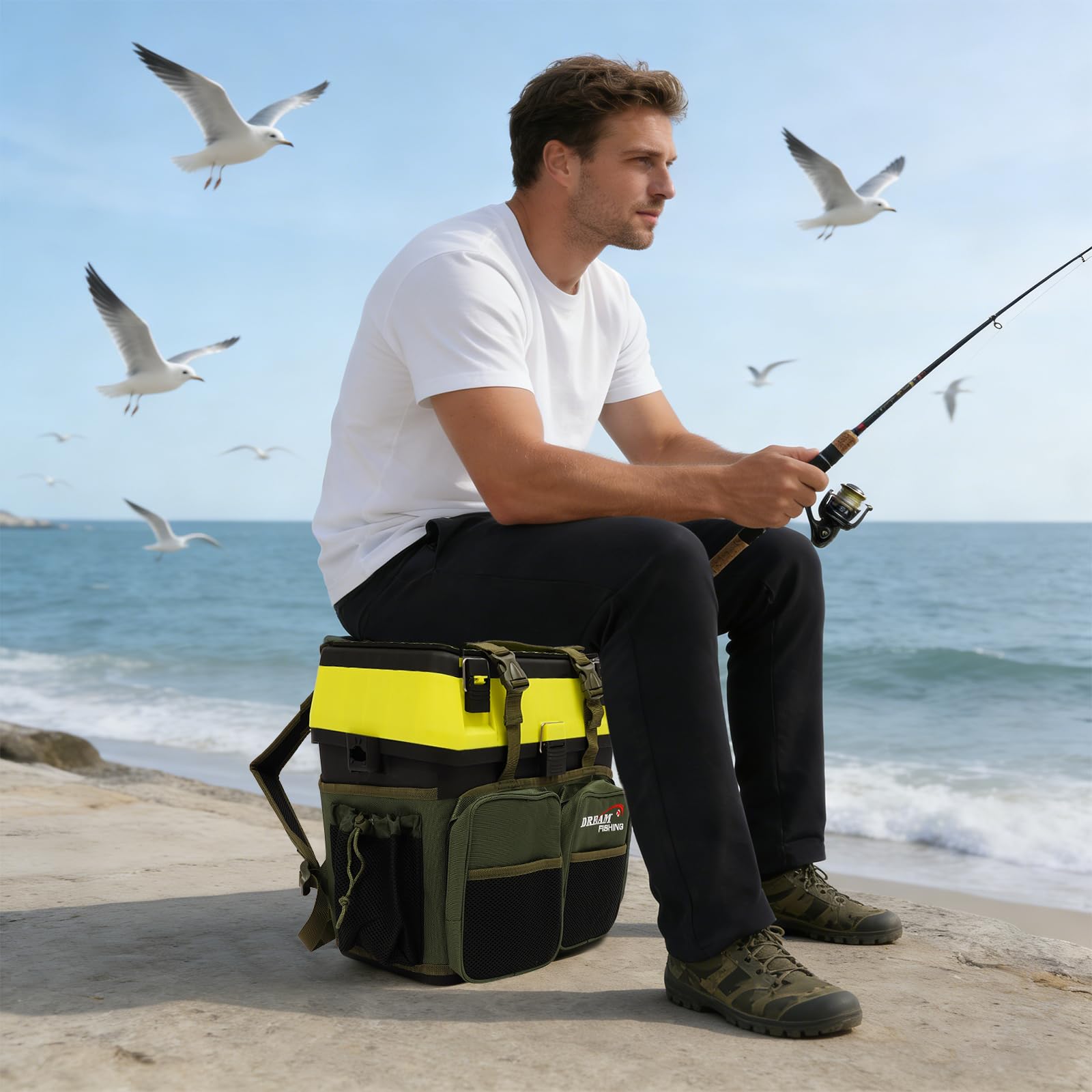 Multi Angelkoffer-Rucksack & Sitz-Kiepe in 1, 37,5x33,5x20,5cm mit Boxen | Robustes PP+Nylon, spritzwassergeschützt, geräumiges Hauptfach + 2 Reißverschluss- & 2 Seitentaschen, verstellbarer Gurt, Sit
