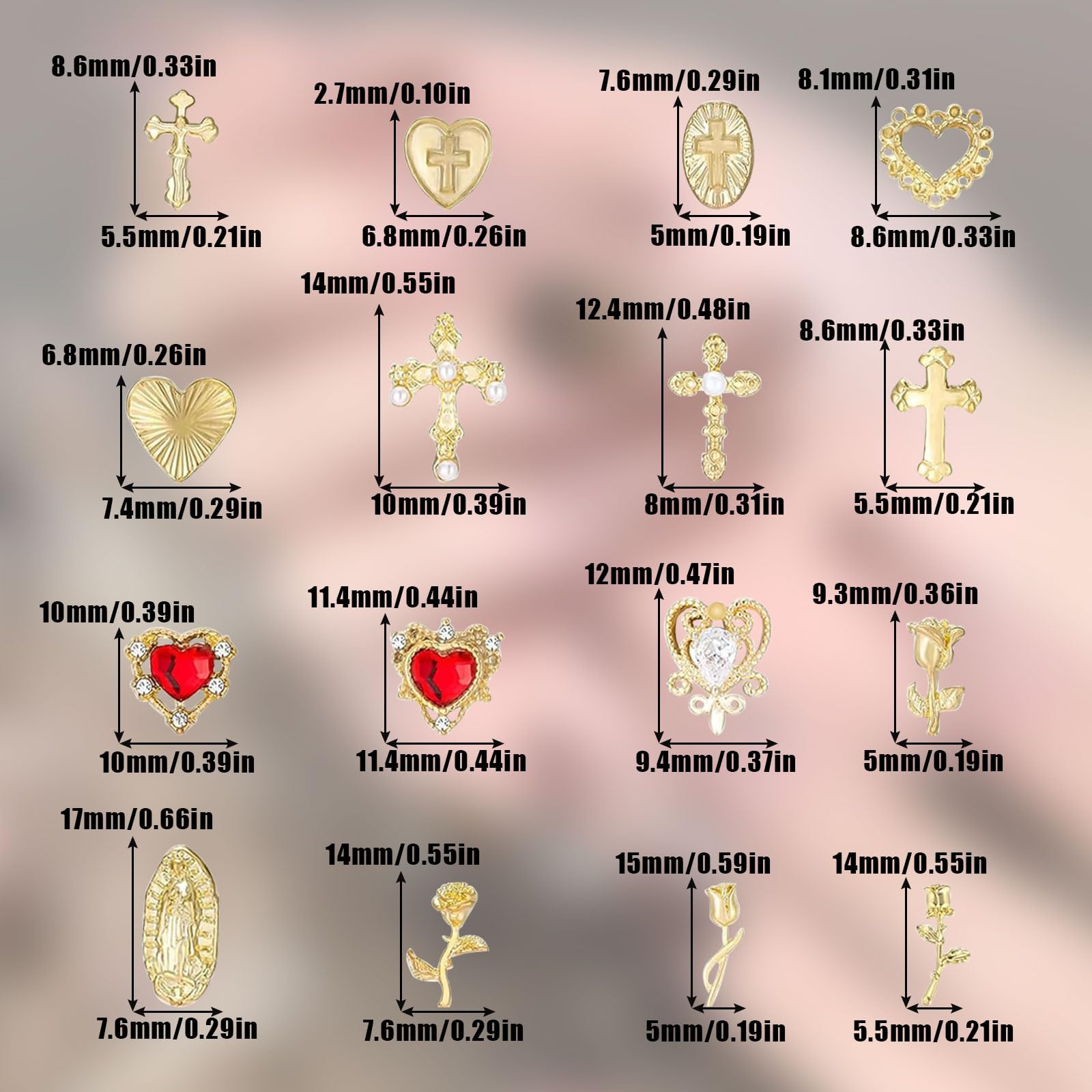 Gold Nail Charms,80Pcs Cross, Rose, Heart - Image 2