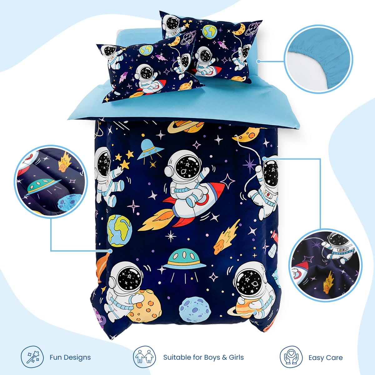 SANDJEST Astronaut Bedding Sets for Boys, Ultra Soft Microfiber Comforter Set with 3-Pieces, Comforters Sets for Kids Children Boy Bedroom Decor - Image 2