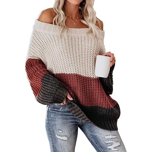 VIMPUNEC Womens Oversized Sweater Color Block Off The Shoulder Pullover Sweaters Cable Knit Chunky Striped Tops