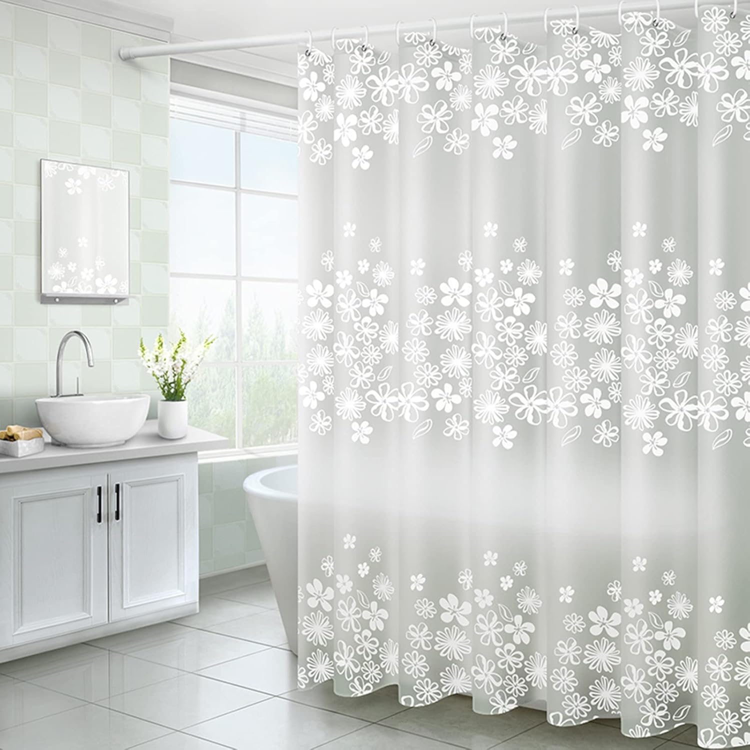 Moaneji Flower SemiTransparent Thin Shower Curtain Liner with 12 Hooks Waterproof