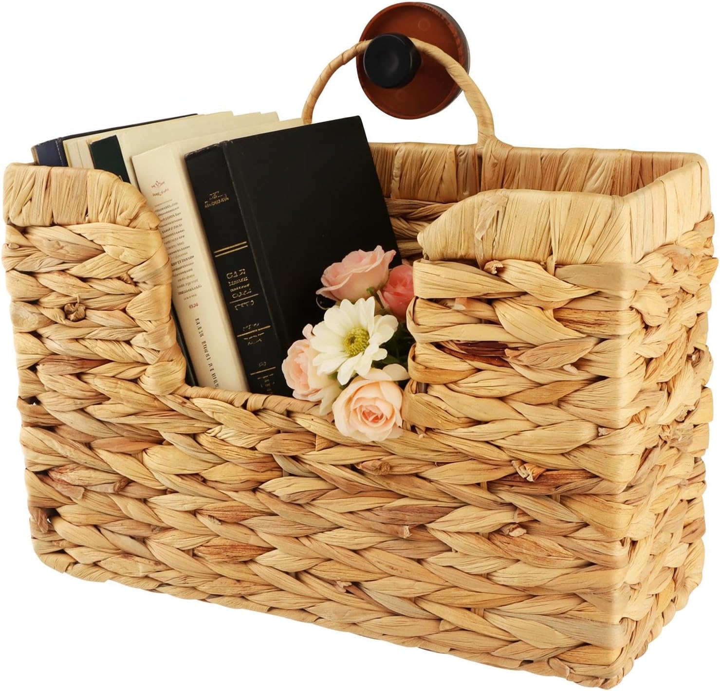 Woven Magazine Holder, Water Hyacinth Magazine Basket with Hook, Wall-Mounted Magazine & Mail Organizer with Handle for Walls or Desktops, Book Basket for Office & Home