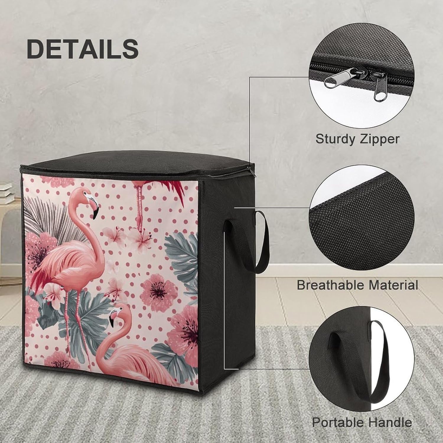 Flamingos Tropical Flowers Polka Dots Large Comforter Blanket Storage Bags Bins 70L Closet Organizer with Handles