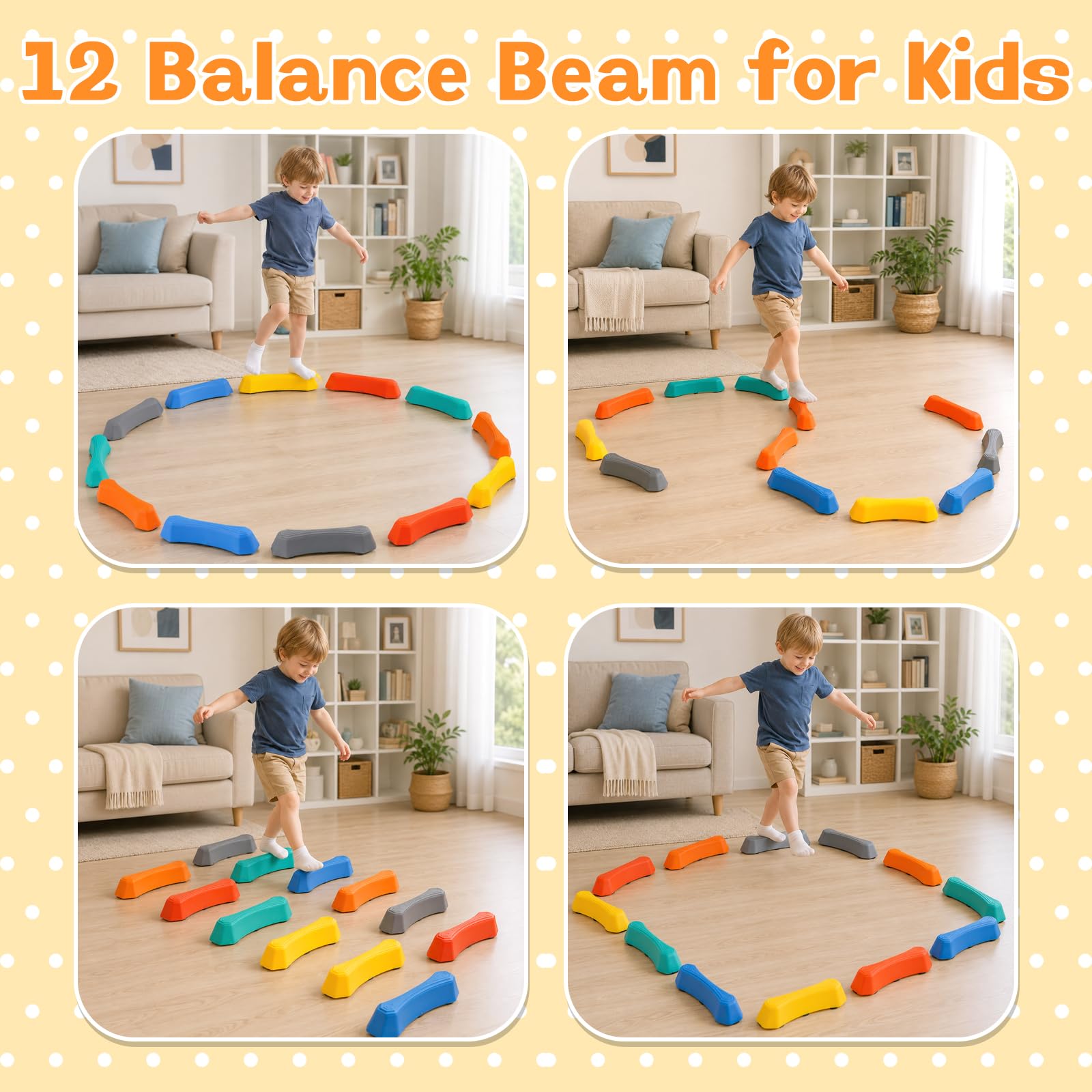 Balancierbalken Set Kinder, 12 Bunte Balanciersteine Modular Schwebebalken, Rutschfest Balance Board zur Förderung von Motorik & Koordination, Platzsparend Stapelbar, Indoor Outdoor Spielzeug