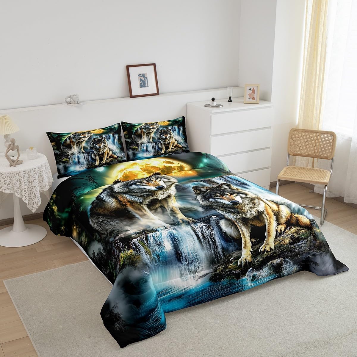 Feelyou Mountain Moon Wolf Comforter Set Full Size Wolves Howling Bedding Set for Boys Girls Teens Animal Wolves Comforter Women Men Wolf Duvet Set with 2 Pillow Case