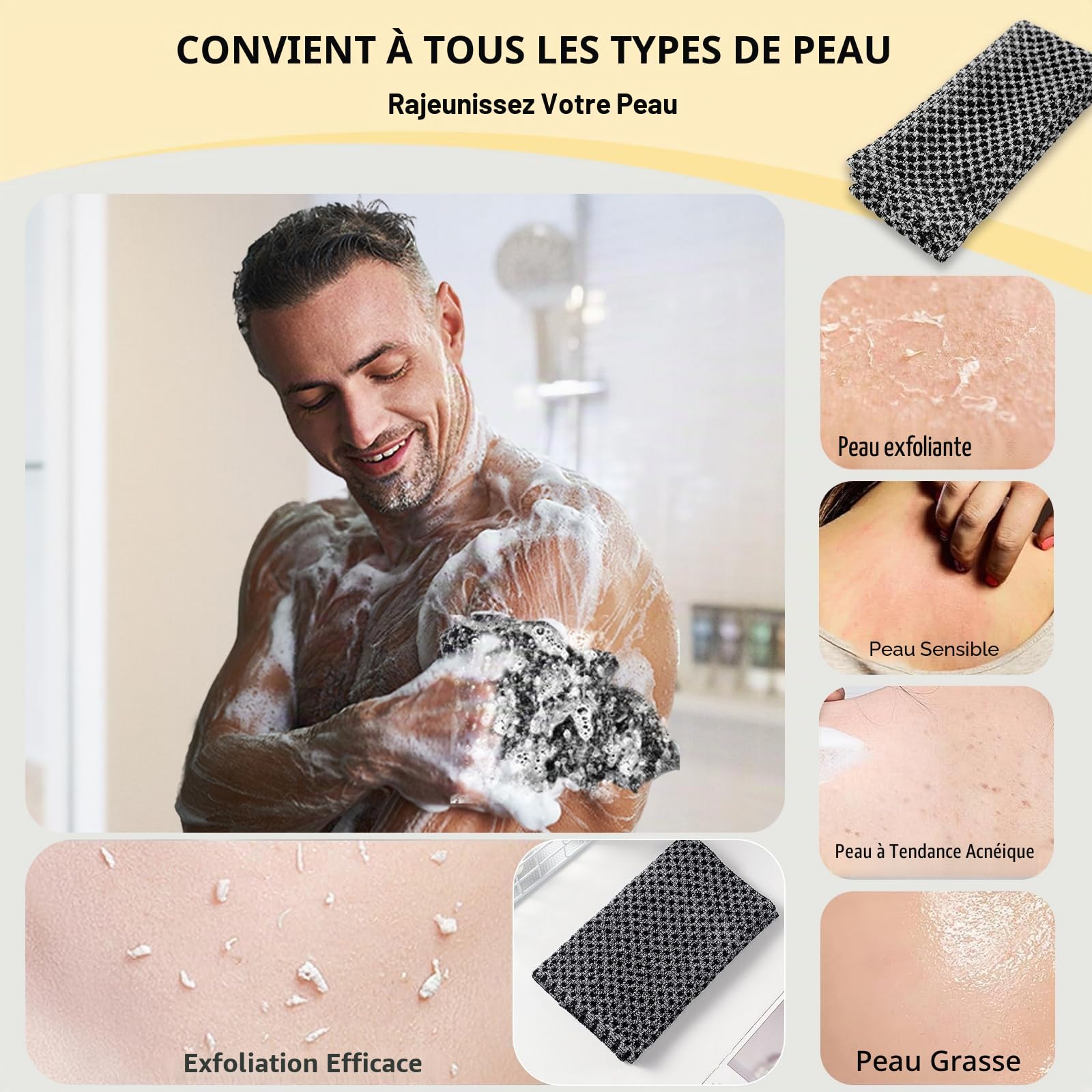 Serviette de Douche exfoliante nettoyante en Profondeur. Serviette exfoliante Double Face, Extra Longue et réutilisable