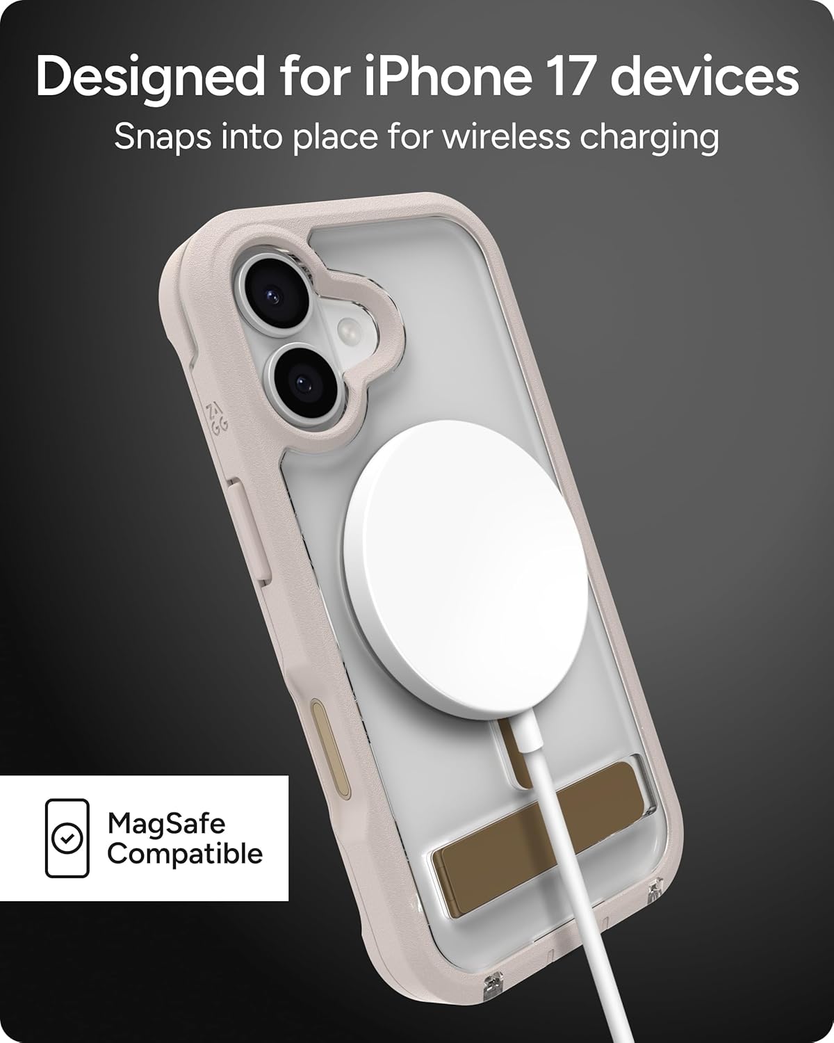 ZAGG Rainier Case with Kickstand for iPhone 17 - Gray Sandstone, Graphene 22ft (7m) Drop Protection, Lanyard Attach Points, MagSafe, Wireless Charging Compatible, 2-Piece Design, Phone Case - Image 6