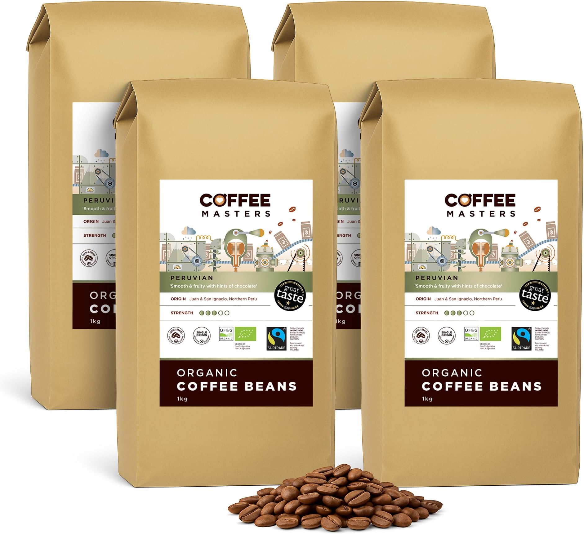 Coffee Masters Peruvian Coffee Beans 4x1kg - Organic Fairtrade Single Origin Arabica, Roasted in the UK - Ideal for Espresso Machines - Great Taste Award Winner