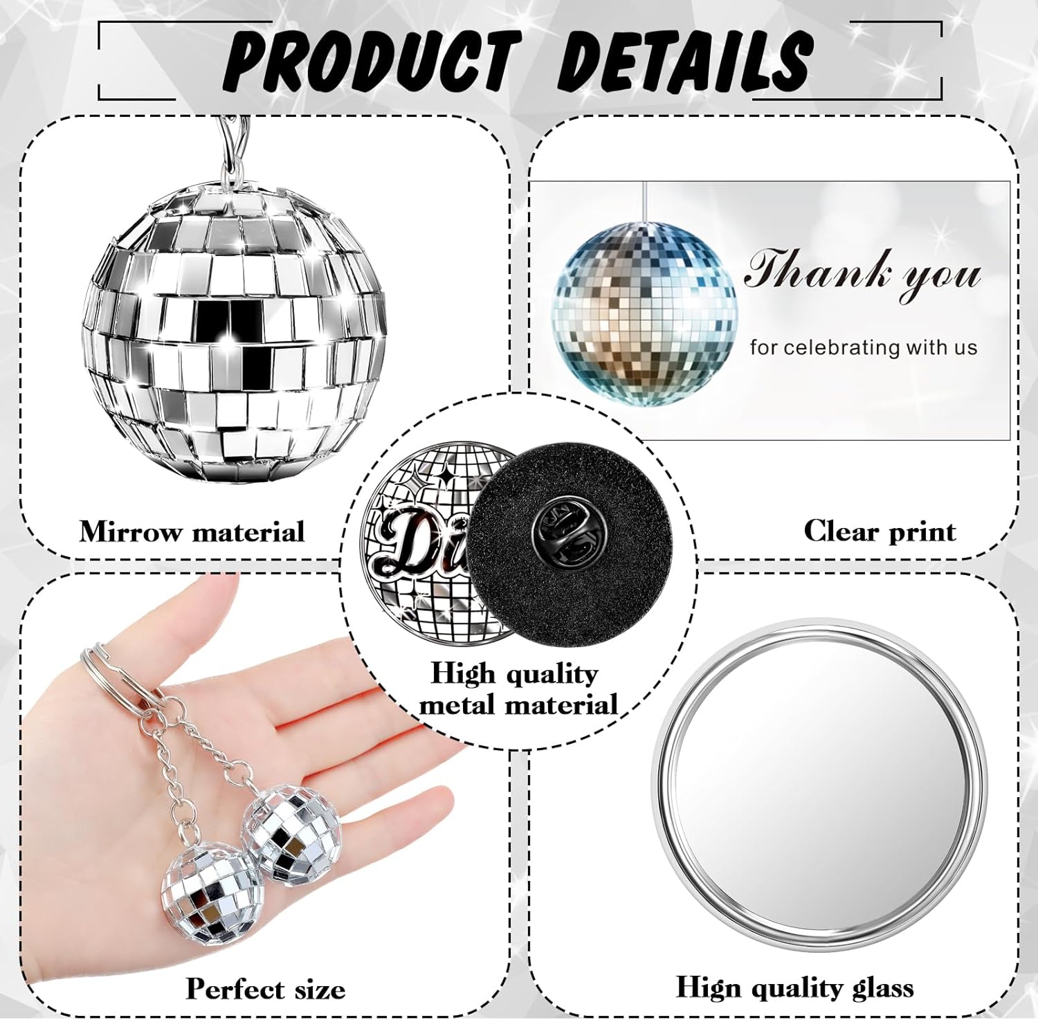 Ferreve 168 Pcs Disco Ball Party Favors Include Disco Brooch and Ball Keychain and Organza Bags Thank You Tags Compact Mirror Necklace Bulk for 70s 80s Party Favors Theme