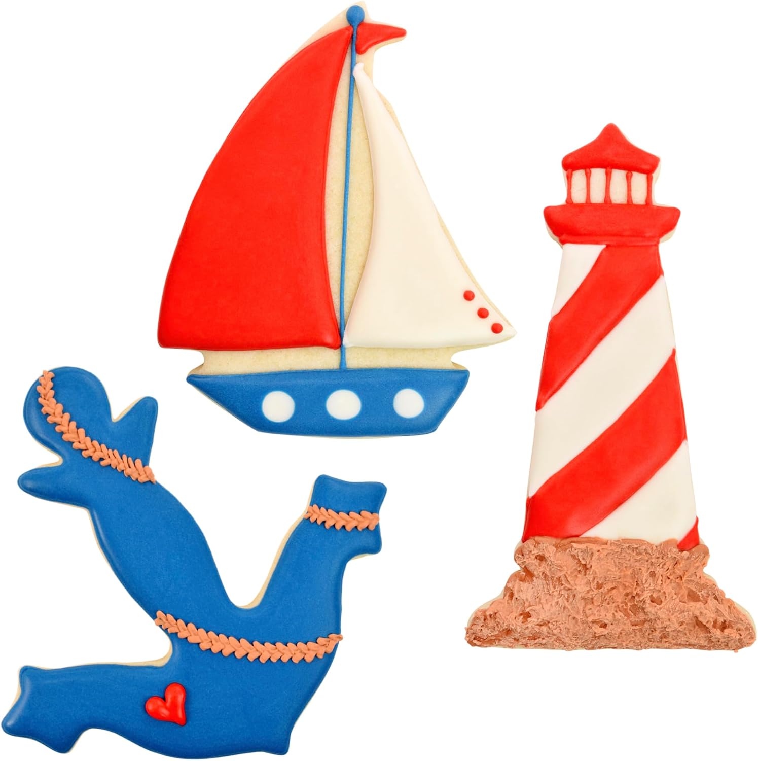 R&M Coastal Seaside Cookie Cutter 3 Piece Set. Includes Anchor, Lighthouse and Sailboat Cookie Cutter.