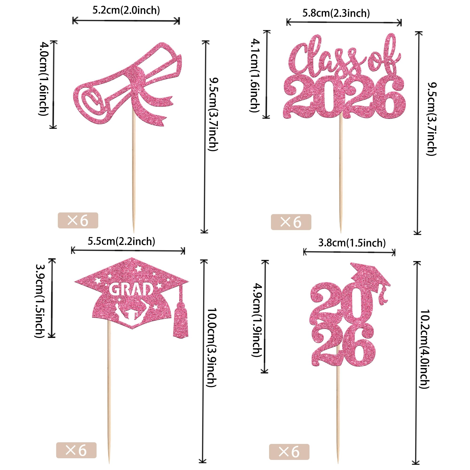 SYKYCTCY 24 Pack 2026 Graduation Cupcake Toppers Glitter Class of 2026 Grad Cap Diploma Cupcake Picks 2026 Graduation Theme Party Cake Decorations Supplies Pink - Image 2