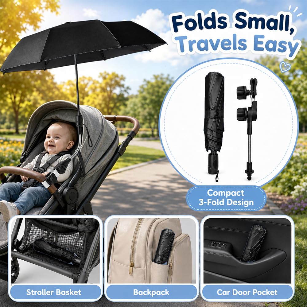 Ombrelle Poussette Universelle, Parasol Poussette Protection UV 50+, Diamètre 95cm, pour Tubes Ronds et Ovales, Noir