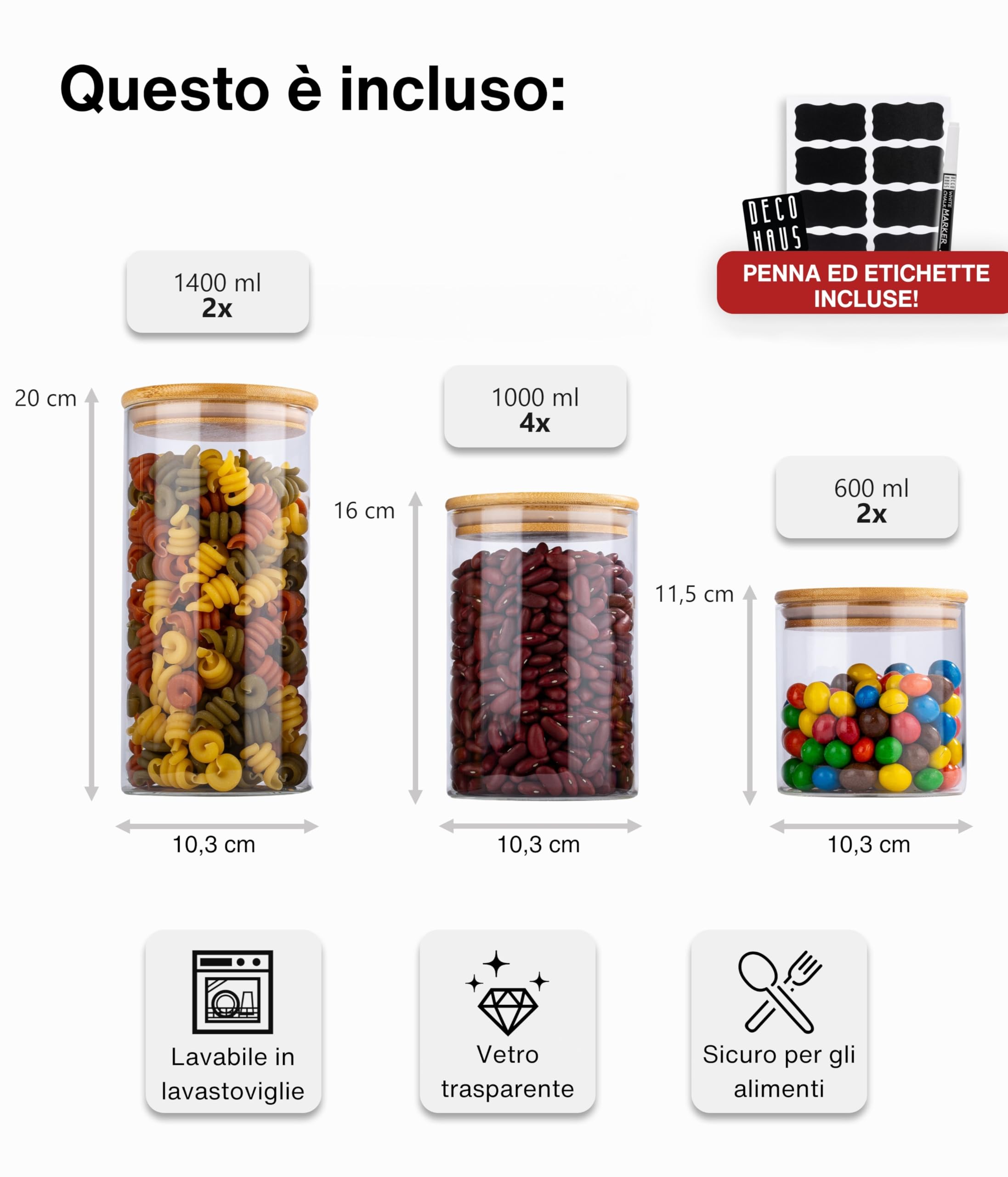 Deco haus Barattoli Vetro con Coperchio Legno Set di 8 [+ETICHETTE] - Contenitori Pasta Vetro - Contenitori Cucina - Porta pasta contenitore per Biscotti, Farina, Cereali, Spaghetti