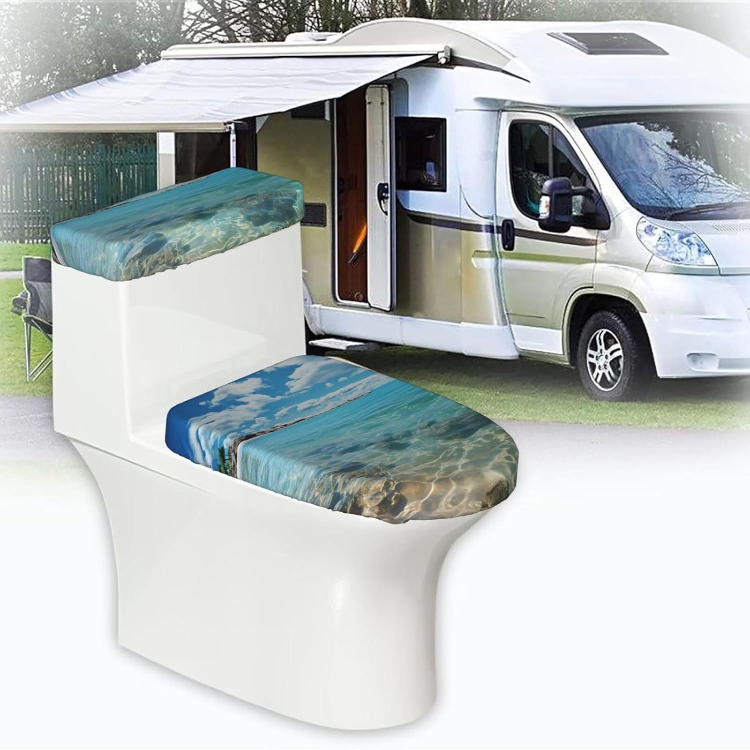 Scenic Sea Water Toilet Tank Cover And Toilet Lid Cover Set Stretch Bathroom Toilet Lid Seat Cover