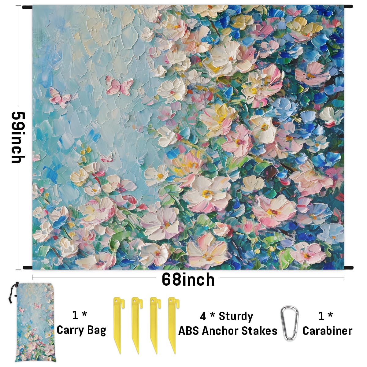 Eabrults Waterproof Sandproof Beach Blanket, 59''×68'' Flower Polyester Outdoor Picnic Blanket with 4 Stakes & Storage Bag for Beach,Camping,Vacation Oil Paintings