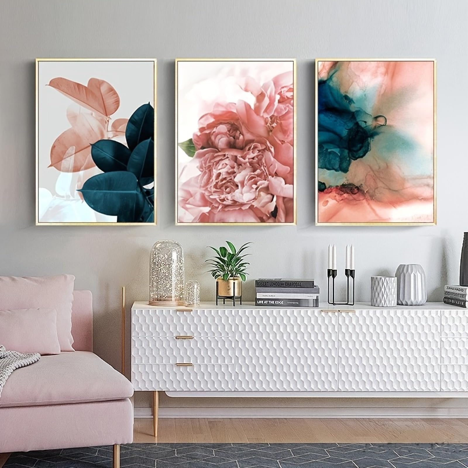 ZBELLO 3pcs/set Canvas Posters, 2D Flat, Modern Peony & Abstract Prints, Blush Pink & Teal Botanical Wall Art, Abstract Canvas Art for Living Room Home Décor, Frameless (21x30cm)