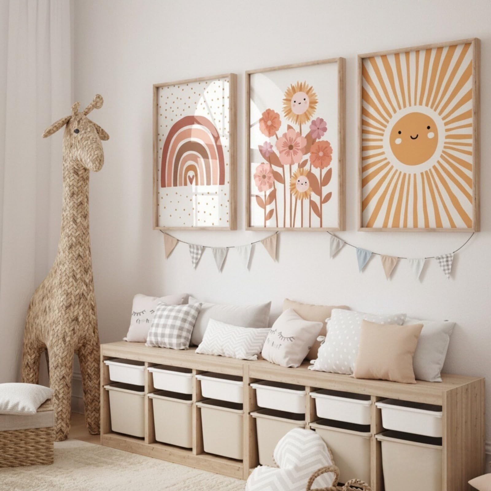 JORCEDI Set of 3 Posters,Boho Wall Prints,Beige Nursery Prints, Rainbow Wall Art for Baby Bedroom,Cartoon Rainbow and Sun Designs,for Boys and Girls, Unframed (30x40cm)