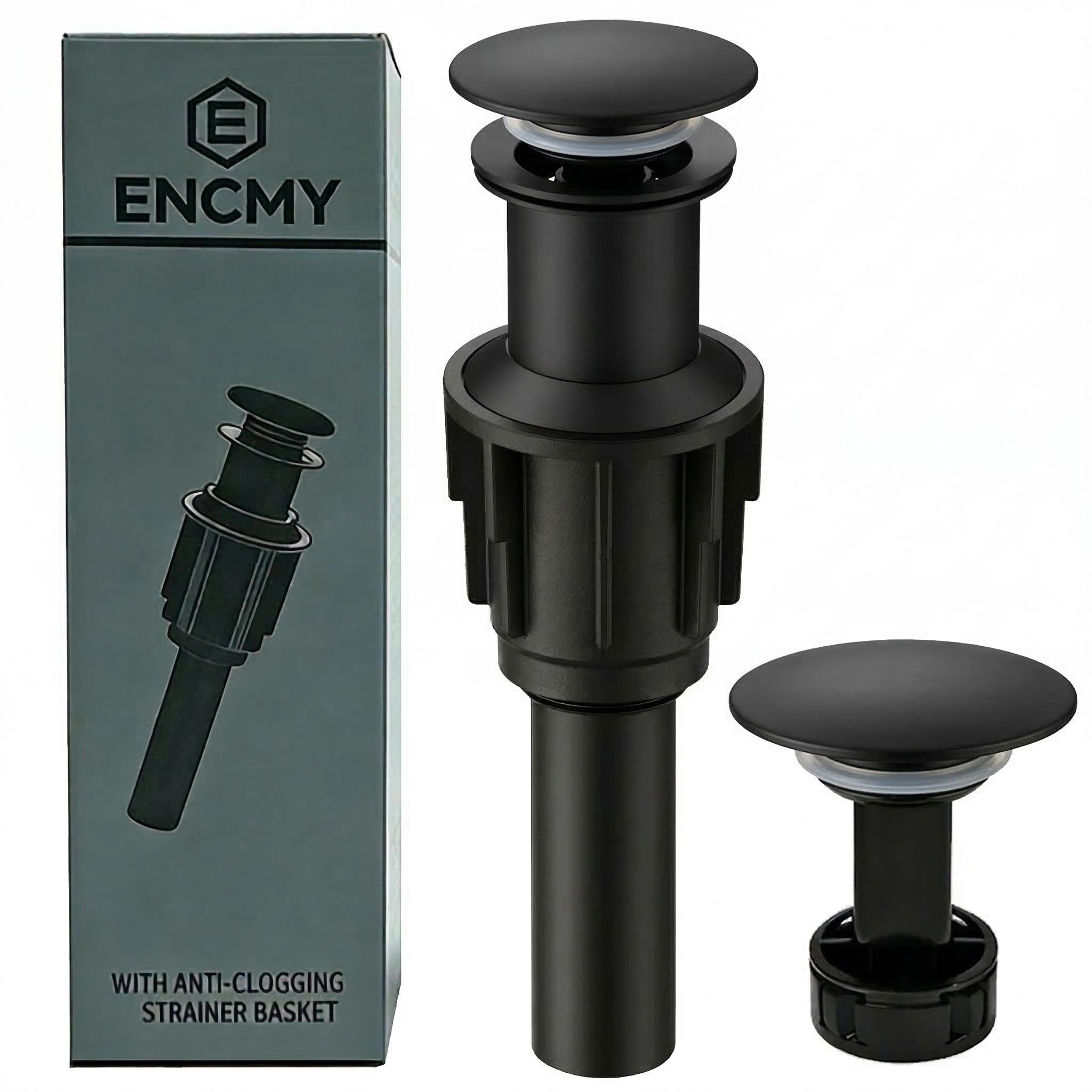 Bathroom Sink Drain Without Overflow- Matte Black Pop up Drain for Bathroom Vanity Vessel Sink Drain Stopper - Anti-clog Pop-up Plastic Drain with Hair Catcher Strainer