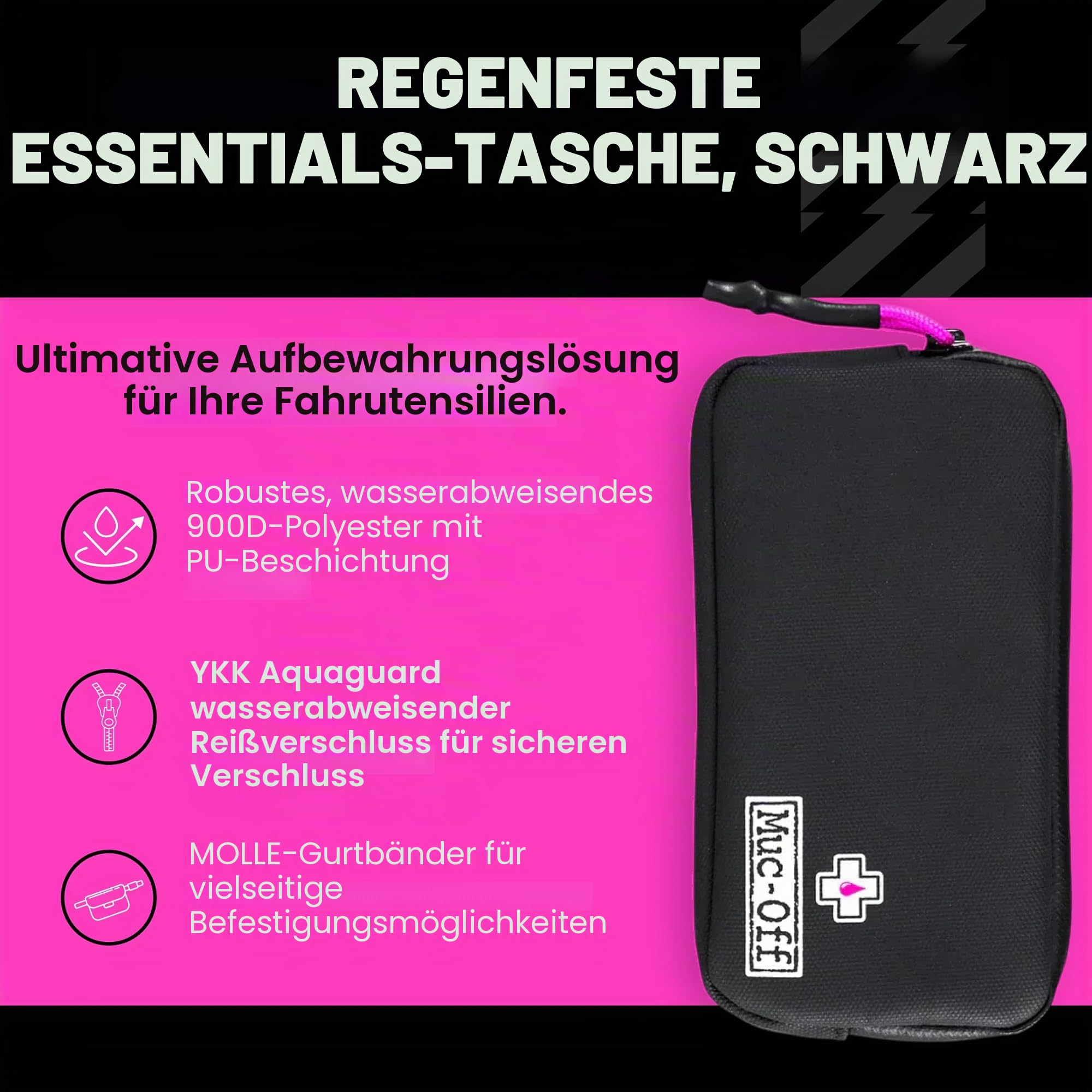 Muc-Off Essentials Wasserfeste Tasche – Robustes Schwarzes 900D Polyester - Wasserabweisende Fahrradtasche - Fahrrad Zubehör zur Aufbewahrung von Ersatzschläuchen, Reifenhebern oder Handy